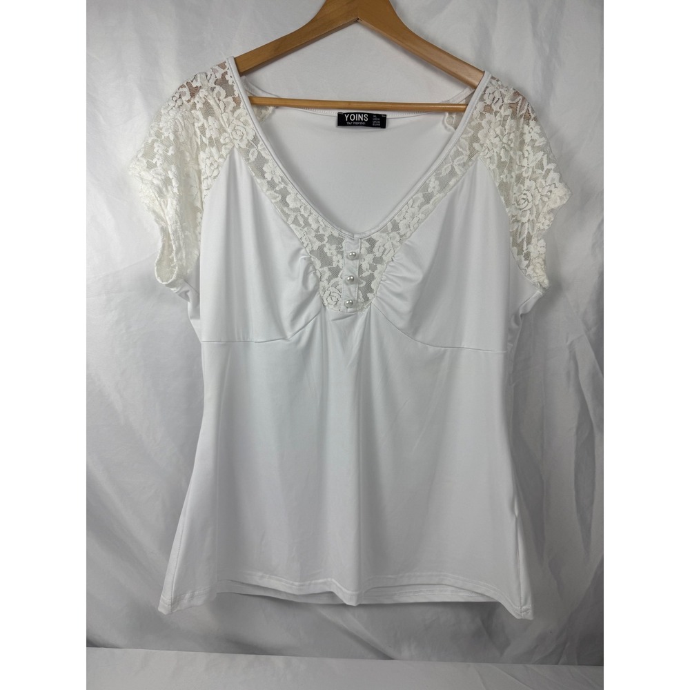 Yoins XL White Lace Trim Pearl Detail Top Cottagecore Coquette‎ Blouse